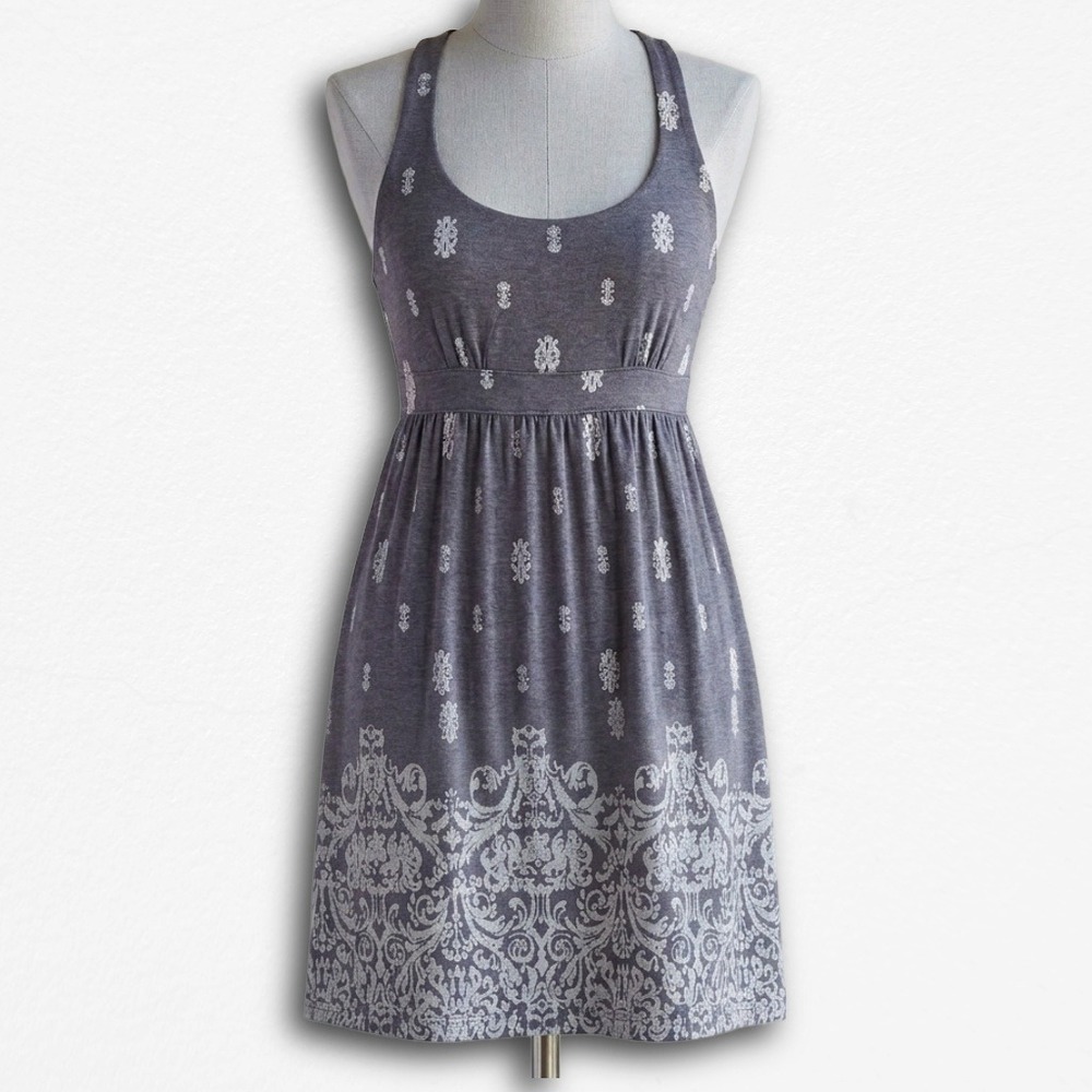 Dakini Gray Damask Print Racerback Midi Dress Small Empire Waist Jersey Knit